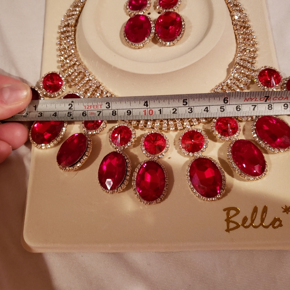 Red Ruby Rhinestone Necklace Set - Picture 11 of 12